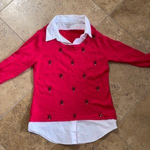 Red rhinestone sweater faux collar white shirt